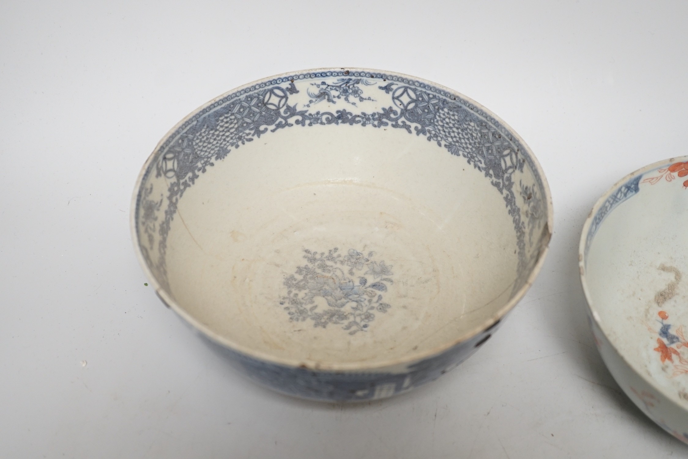 Six 18th century Chinese porcelain bowls (a.f.) and a Chinese imari plate, largest bowl 20cm diameter